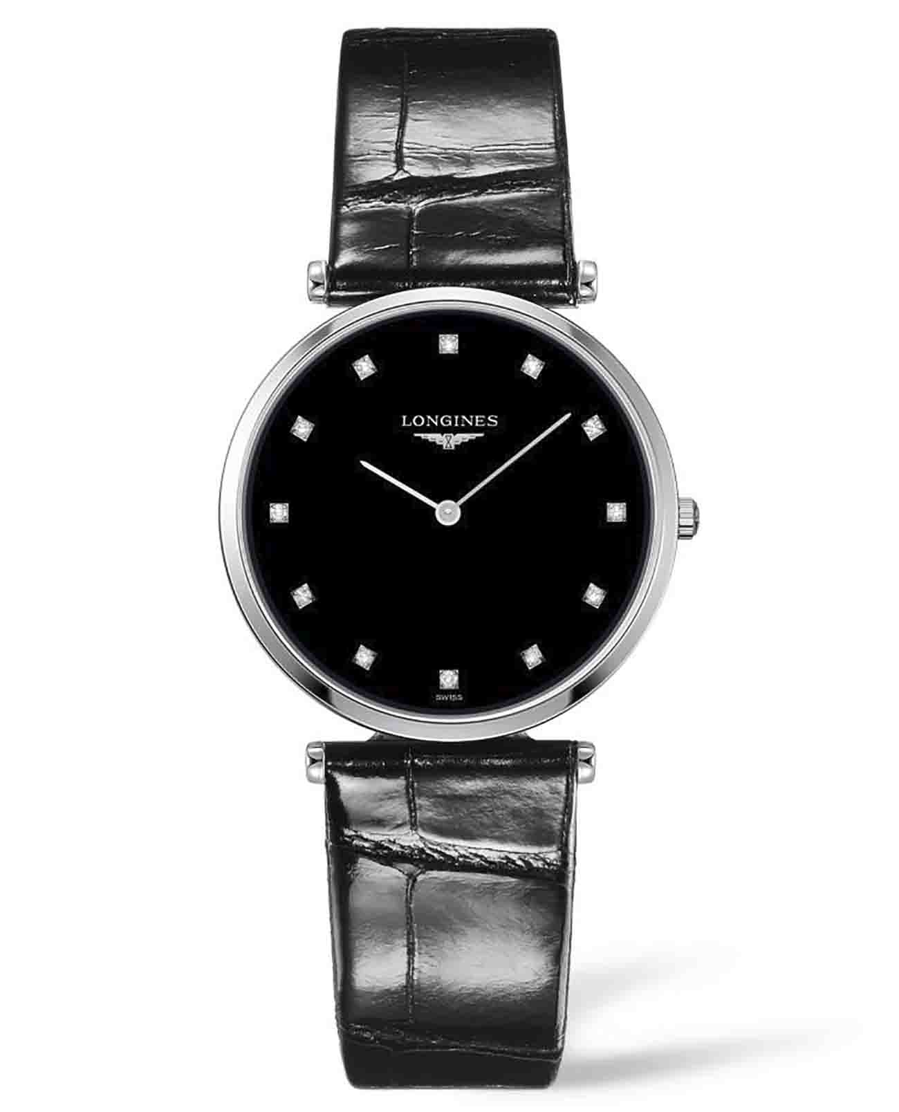 Longines Longines La Grande Classique L4.709.4.55.2  L47094552 кварцевые женские часы черный циферблат, браслет кожаный — вид спереди